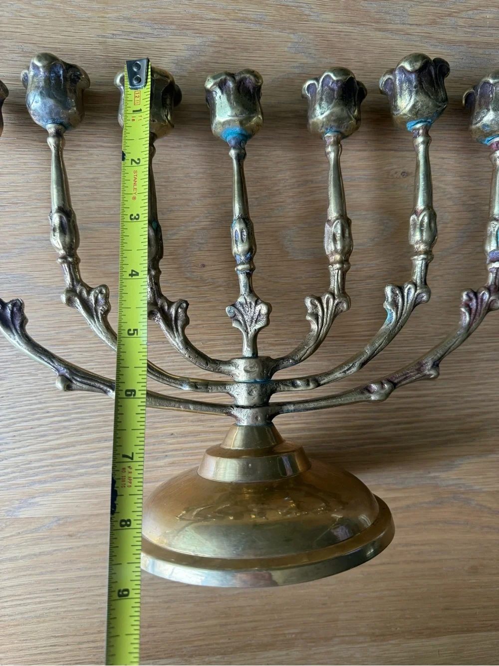 Vintage Brass Menorah 7 Swivel Arms Korea Gold 1960s 9” Tall Buds Floral